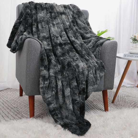 PiccoCasa Luxury Shaggy Faux Fur Blanket Soft and Fluffy Plush Throw Blankets for Couch Bed and Living Room Dark Gray 50" *60"