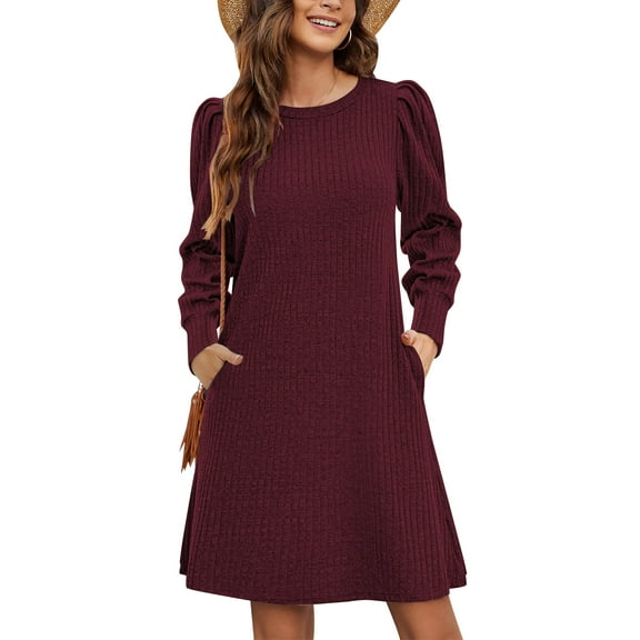 TEMOFON Sweater Dresses for Women 2025 Knit Dresses Long Sleeve Dress Casual Fall Winter Round Neck A Line Dress with Pockets