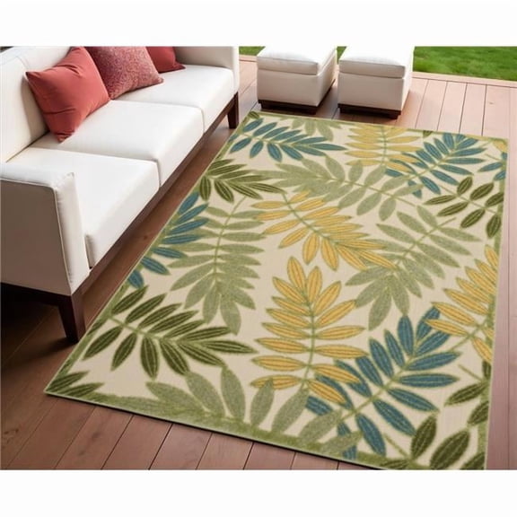 HomeRoots 548149 4 x 6 ft. Green Ivory Blue & Yellow Palm Leaf Indoor & Outdoor Rectangle Area Rug