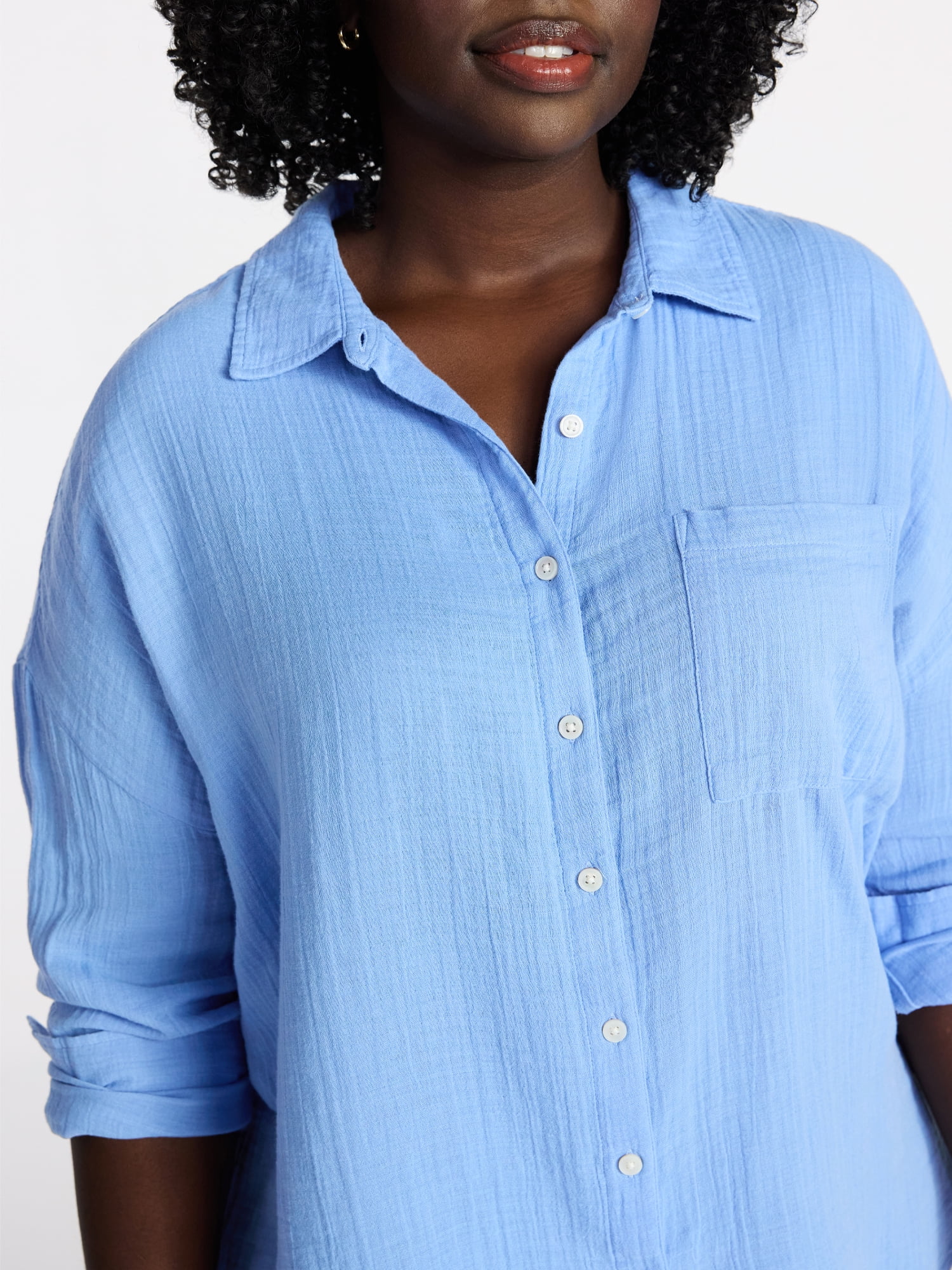 Terra & Sky Women's Plus Size Double Cloth Boyfriend Shirt, Sizes 0X-5X