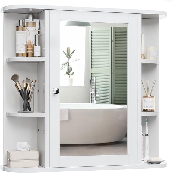 Wall Mounted Bathroom Medicine Cabinet with Mirror Door, Open Storage & 6 Adjustable Shelves, Wall Organizer Cabinet for Home Bathroom