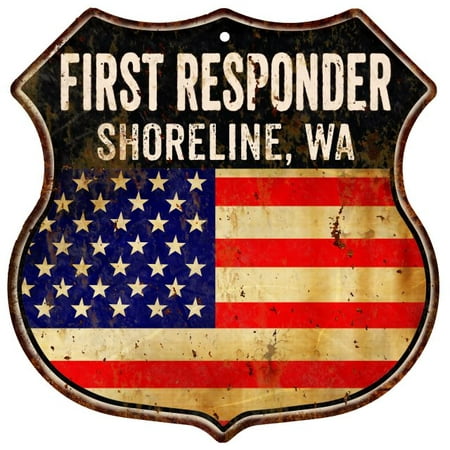 SHORELINE, WA First Responder American Flag 12x12 Metal Shield Sign