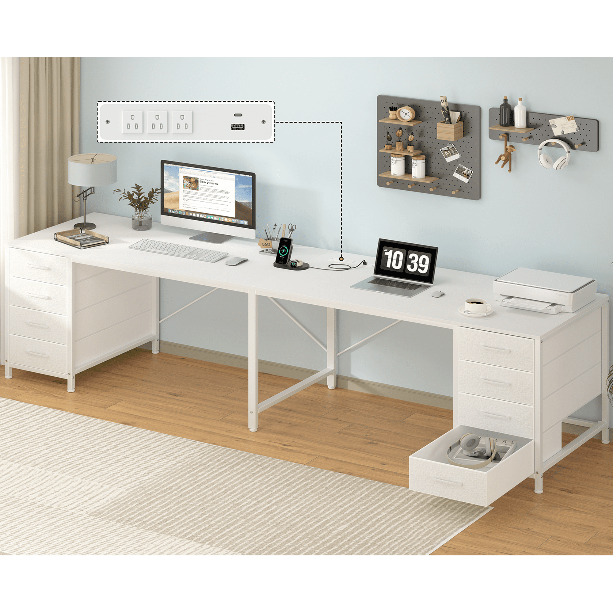 95'' Two Person Desk with 8 Drawers, Long Computer Desk with Charging Station, 2 Person Desks Double Desk Writing Study Table for Home Office, White