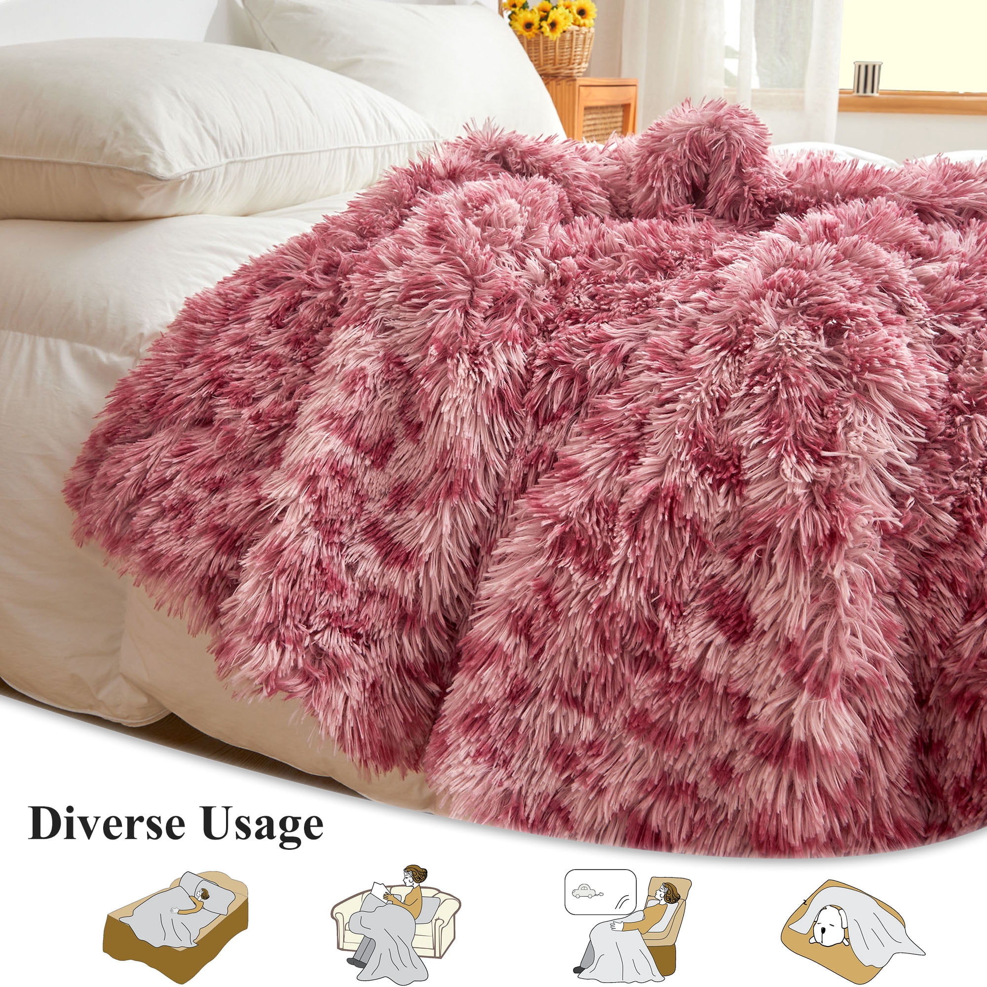 XeGe Luxury Faux Fur Leopard Print Blanket, Soft Cheetah Print Fluffy Bed Blanket, Shaggy Plush Decorative Couch Throw, Cute Furry Animal Print Fuzzy Throw for Sofa Bed Couch, Pink, 60x80