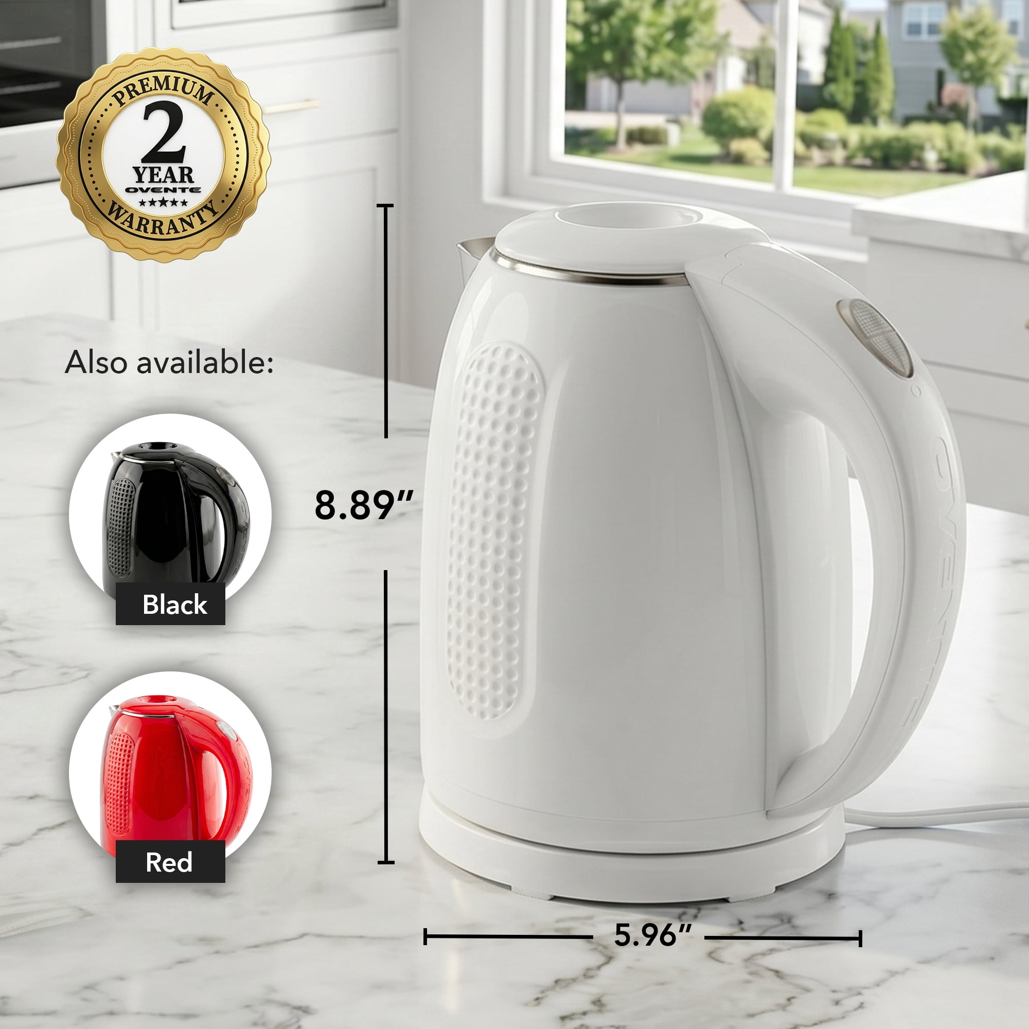 OVENTE 1.7L Double Wall Electric Tea Kettle, 1100W Water Boiler and Heater with Cool-Touch Exterior, Stainless Steel Insulated Interior, Auto Shut-Off, Boil-Dry Protection & Locking Lid, White KD64W