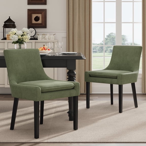COLAMY Modern Dining Chairs Set of 2, Upholstered Corduroy Accent Side Leisure Chairs with Mid Back and Wood Legs for Living Room/Dining Room-LightGreen