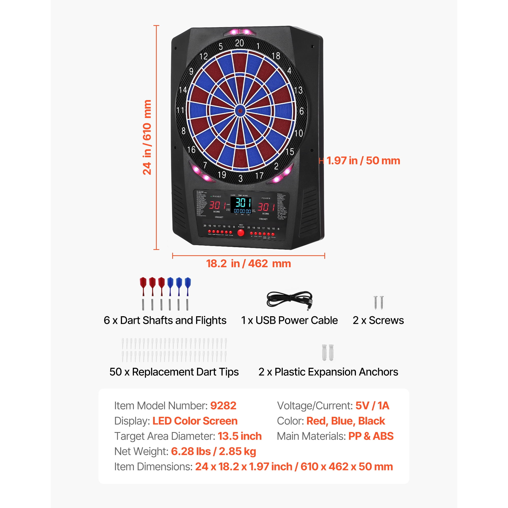 KFFKFF Electronic Dart Board with 13.5" Target, 45 Games & 474 Variations for Up to 8 Players, Includes 6 Dart Shafts, Flights, and 50 Soft Tips, LED Cricket Scoring Display for Home, Party, or Bar