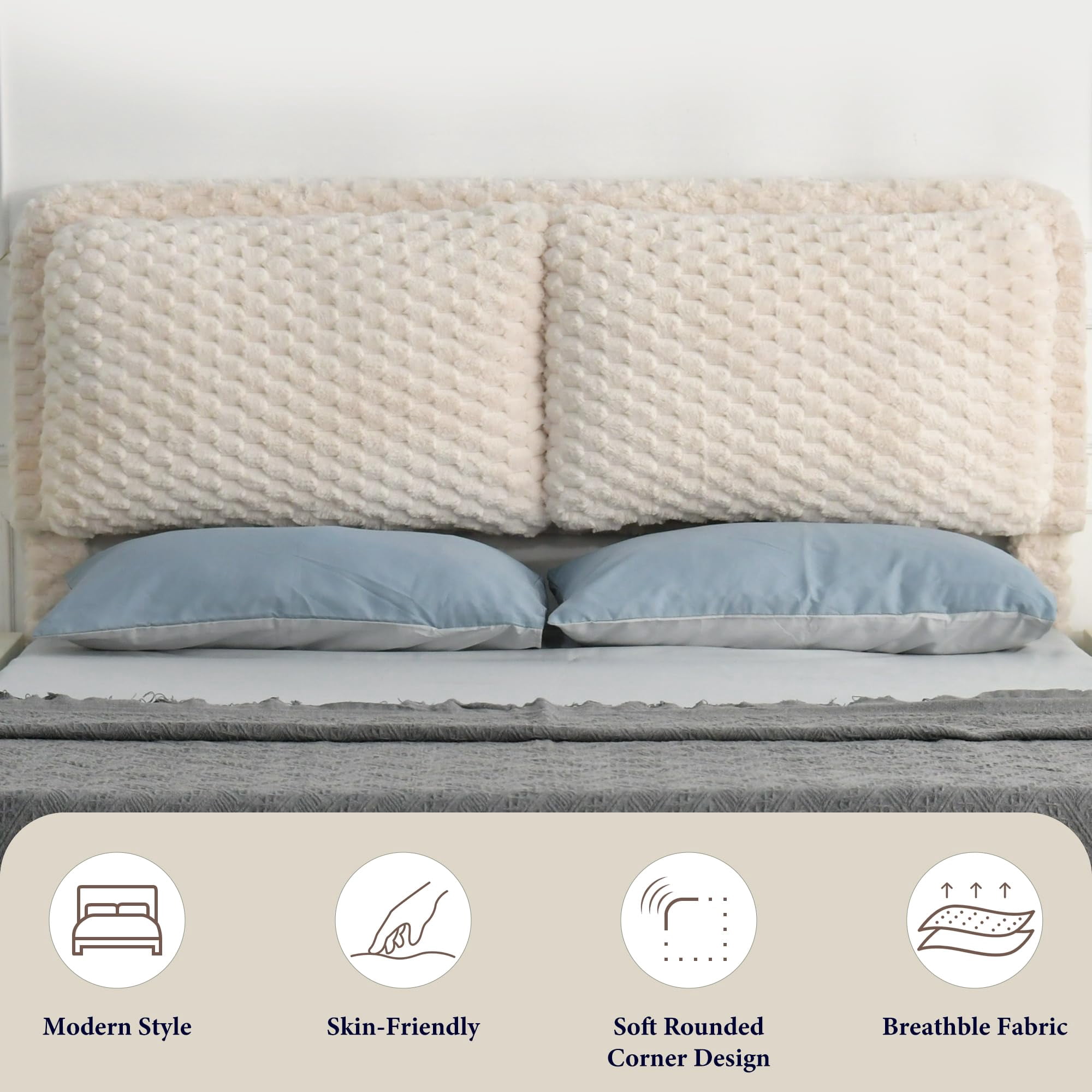 4 EVER WINNER Queen Bed Frame, Queen Size bed Frame with Headboard, Upholstered Bed Frame with Removable Pillows, Cream