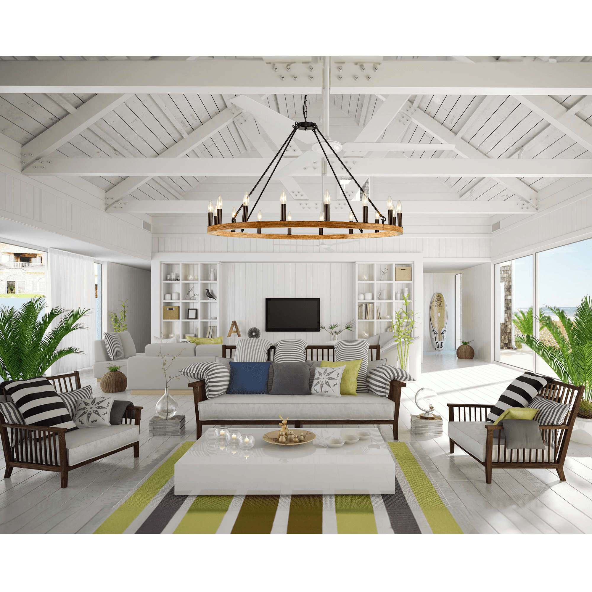 Magic Home 16-Light Big Wagon Wheel Chandelier,Modern Farmhouse Large Light Fixtures Large Round Chandelier,Round Kitchen Island Light,walnut color frame + black lamp head