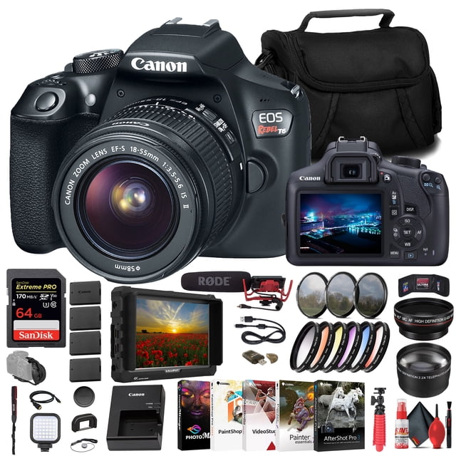 Canon DSLR EOS Rebel T6 c/ Lente 18-55 Mm (1159C003) + Monitor 4K + Mic. Rode + Tarj. Mem. 64 Gb + Kit Filtro Color + Kit Filtro + Cargador + Bat. 3 x LPE10 + Lente Gran Angular + Más