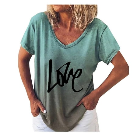 

HHei_K Women Loose Letter Print Short-sleeved Rainbow Gradient V-neck T-shirt corset tops for women