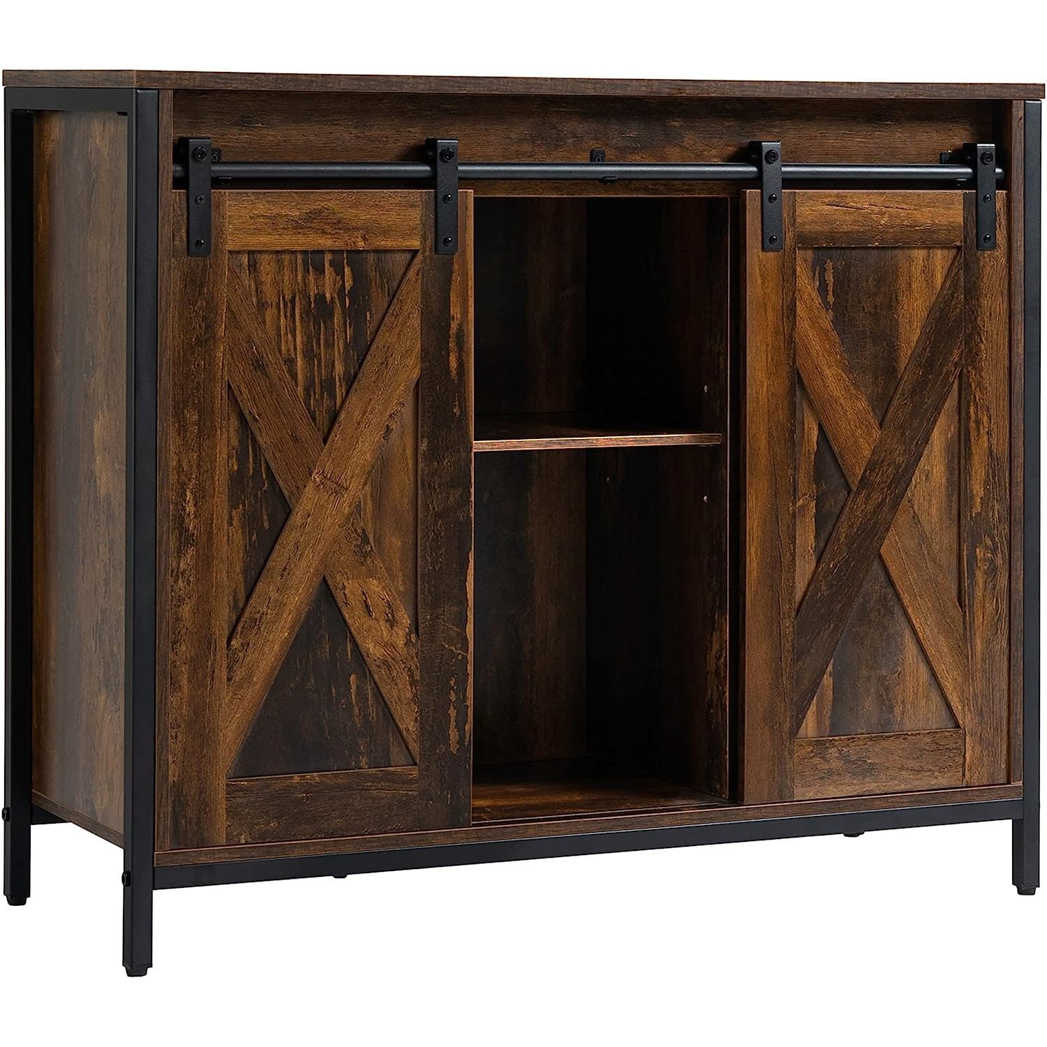 Rustic Brown Industrial Storage Sideboard with Sliding Barn Doors