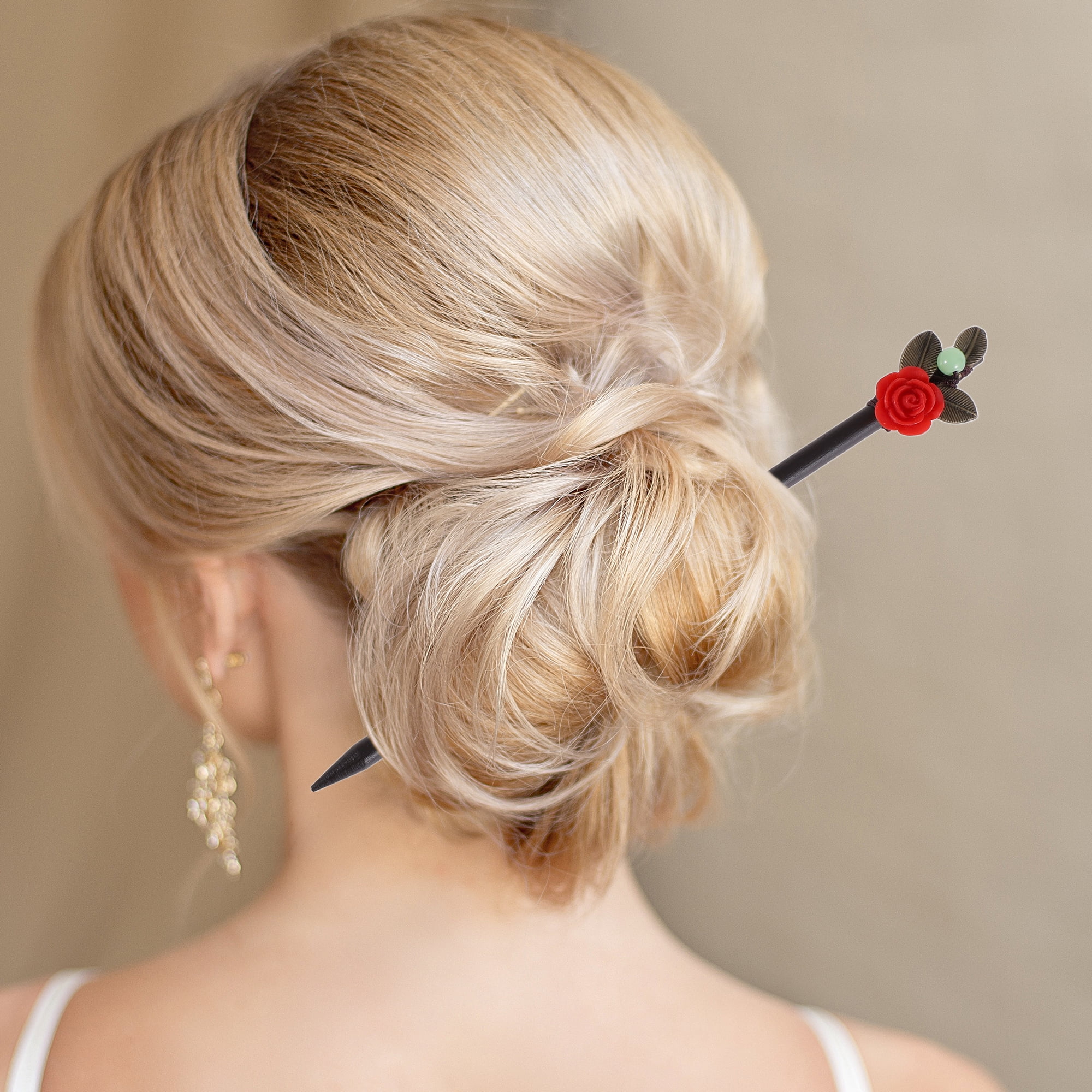 Unique Bargains Hair Chopstick for Women Black Red 1 Pc [Flower Leaves]