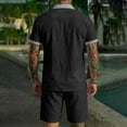 thumbnail image 4 of Men's 2 Piece Beach Outfit, Button Down Short Sleeve Shirt With Striped Trim And Drawstring Shorts Set, Lightweight Linen Style Casual Summer Vacation Suit,Black,L, 4 of 4