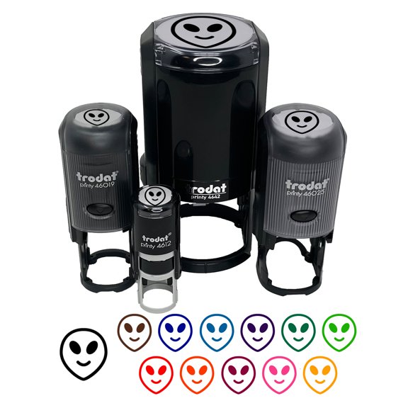 Smiling Happy Alien Emoticon Self-Inking Rubber Stamp Ink Stamper - Red Ink - Mini 1/2 Inch