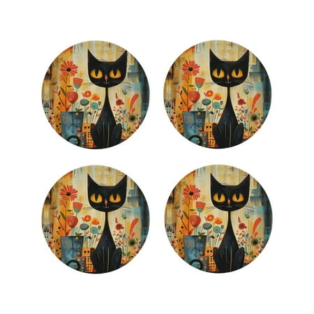 

Leather Coasters with Heat-resistant for Drinks Retro Black Cat Flowers -标题2 Round Shape