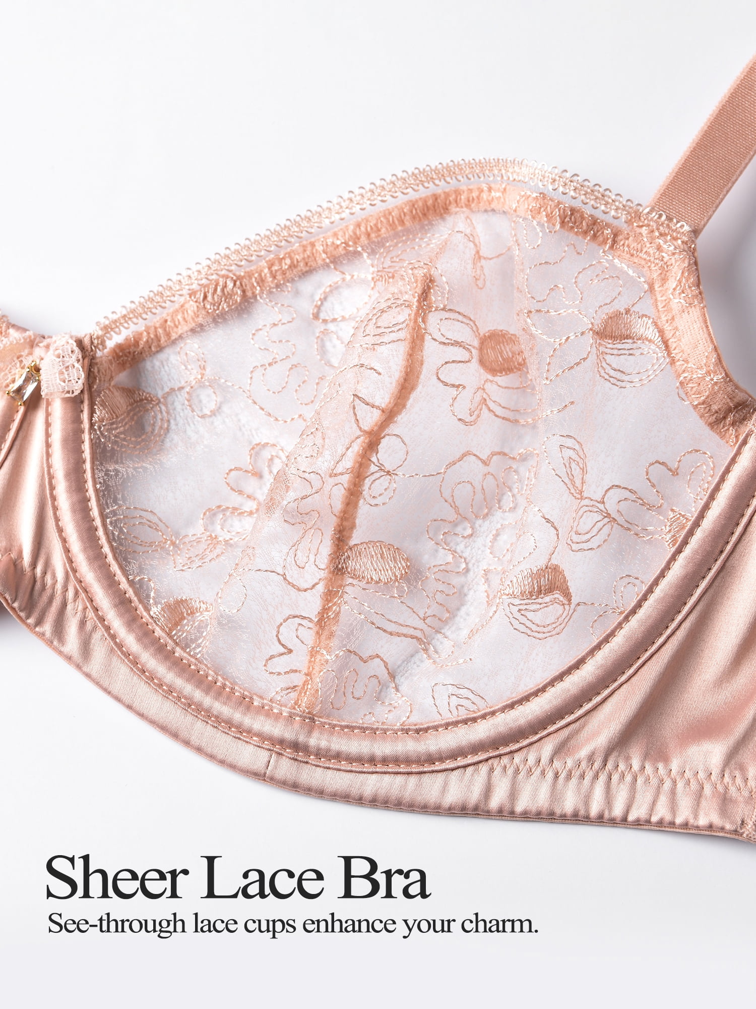 Deyllo Women Lace Balconette Bra Demi Shelf Bra Unlined Underwired See Through Bralette Pink Bras Clothes Size 36B