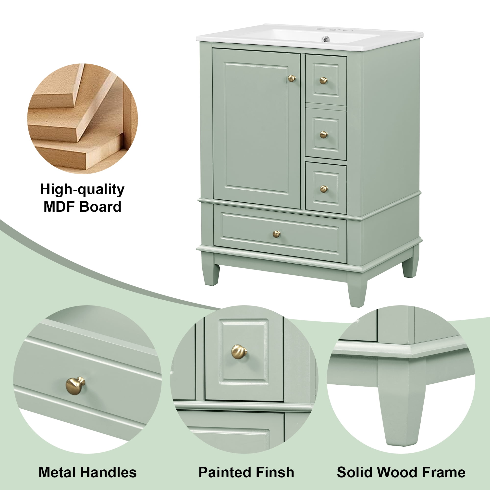 Aukfa 24" Bathroom Vanity with Ceramic Sink, Freestanding Solid Wood Base Cabinet,3 Drawers & Side StorageGreen
