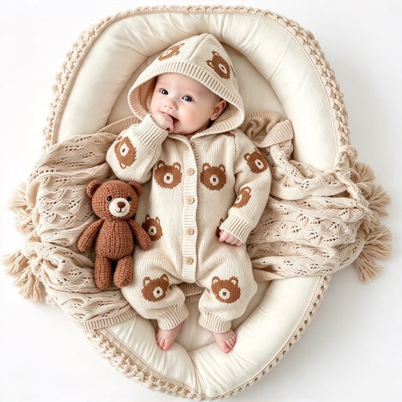 Cute Bear Pattern Knitted Hooded Baby Romper Button Down Long Sleeve Knit Onesie Fall Winter Warm Infant Jumpsuit Outfit for Newborn Baby Boys Girls