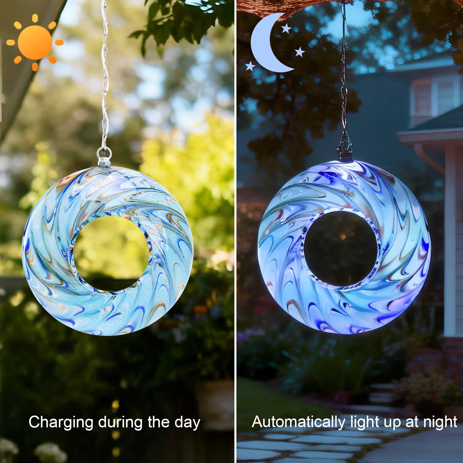 Outdoor Bird Feeder,Swirl Glass Solar Bird Feeder,Fly-Through Design with LED Lights, Decorative Outdoor Accent for Garden & Bird Watching Decor