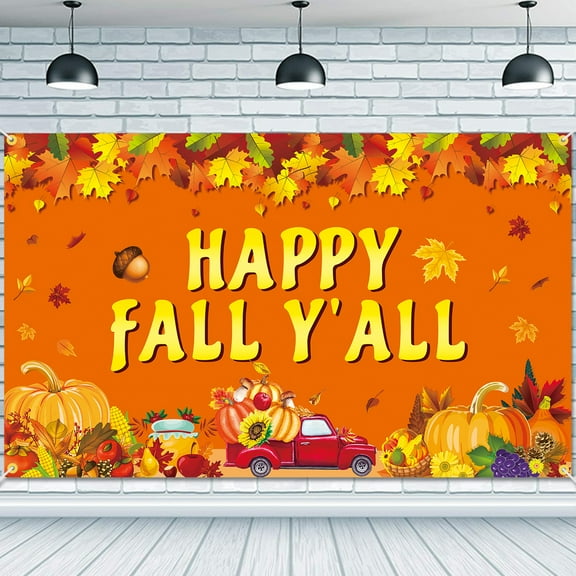 Happy Fall Y'all Backdrop Banner 73 x 43 Inch Large Size Autumn Harvest Background Banner with Maple Leaves Pumpkin Truck Signs Fall Thanksgiving Party Decorations Supplies Indoor Outdoor Photo