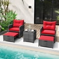 thumbnail image 1 of Costway 5 Piece Patio Rattan Furniture with 2 Ottomans & Tempered Glass Coffee Table Red + Mix Gray, 1 of 9