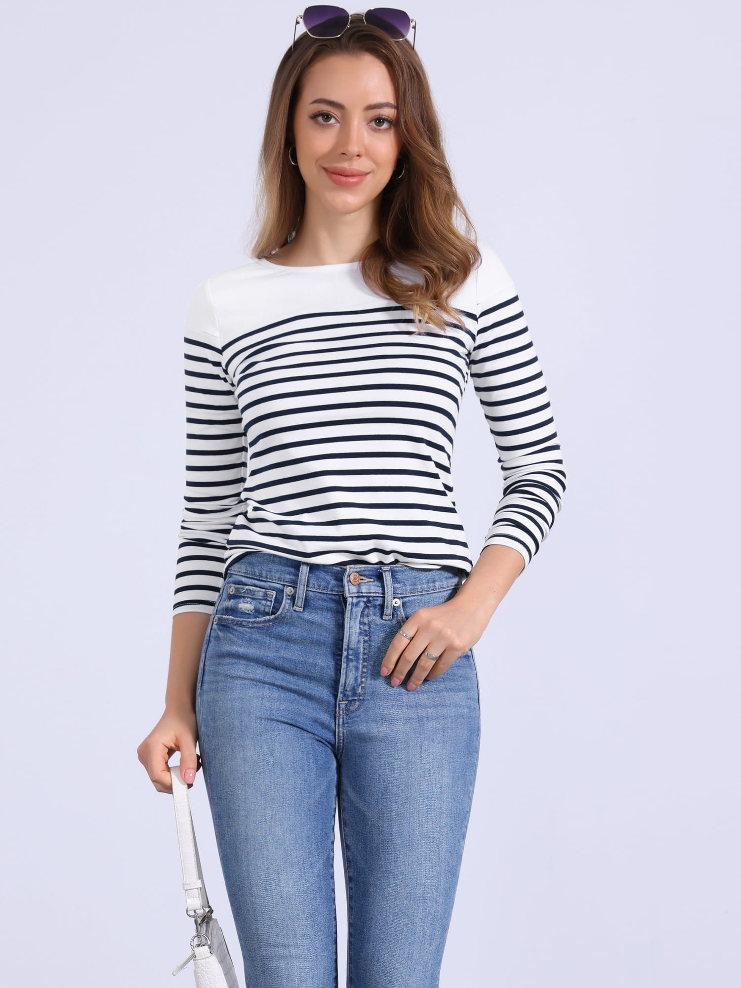 DARING DIVA Women's Color Block Striped Knit Top Long Sleeves T-Shirt XL Dark Blue