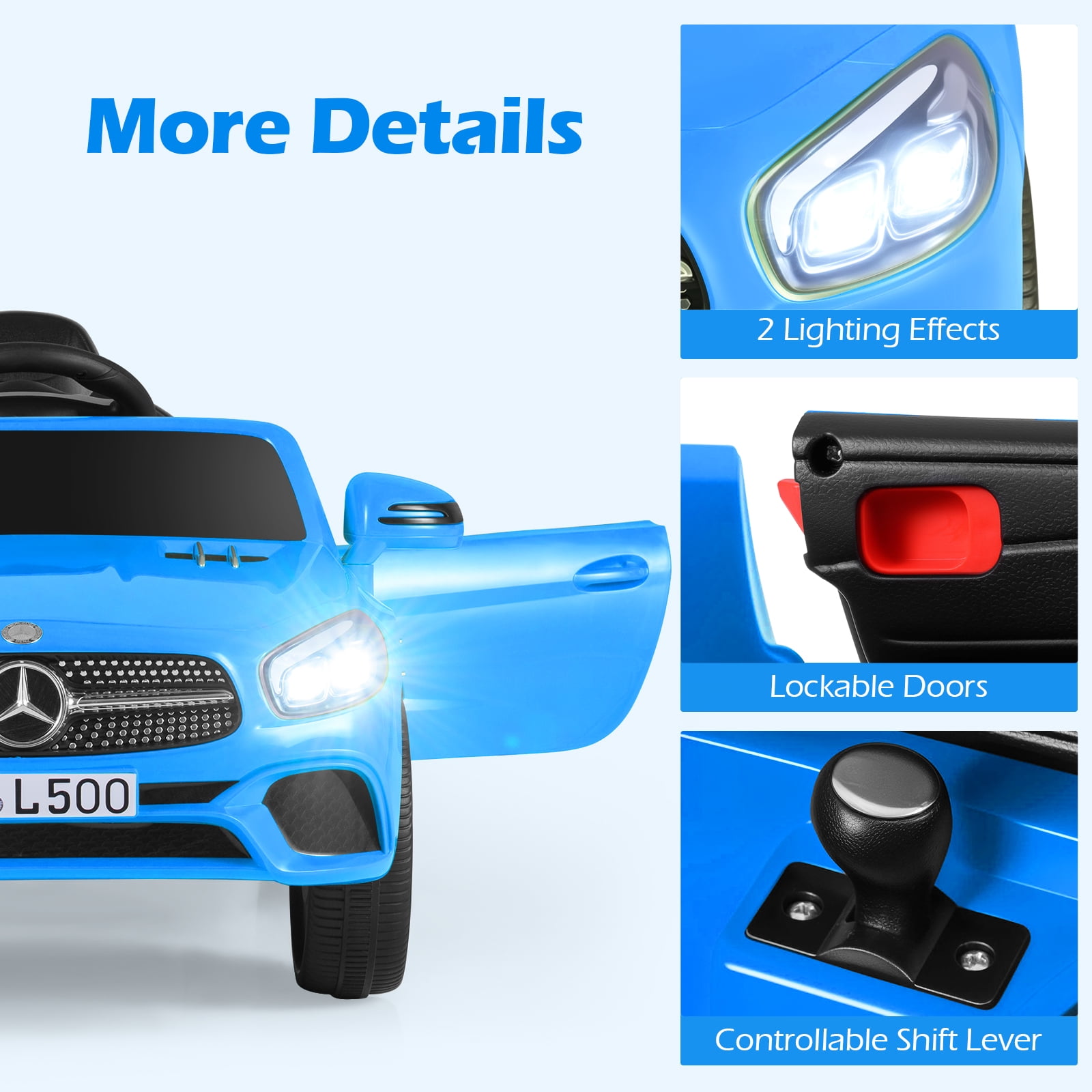 OLAKIDS 12V Electric Kids Ride On Car, Licensed Mercedes Benz SL500 Toy Car with Remote Control, MP3 Plug, USB, 2 Speeds, LED Lights, Battery Powered Toy Vehicle for Toddler Children (Blue)