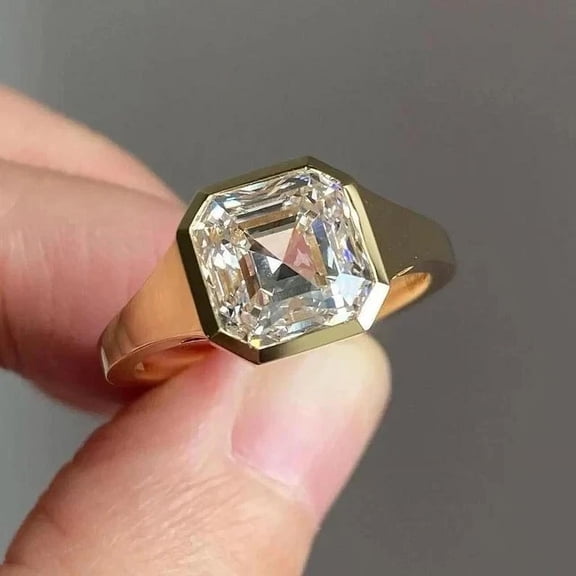 Men's 2Ct Asscher Cut Simulated Diamond Solitaire Bezel Set Engagement Ring 14K Yellow Gold Plated 925 Silver For Him