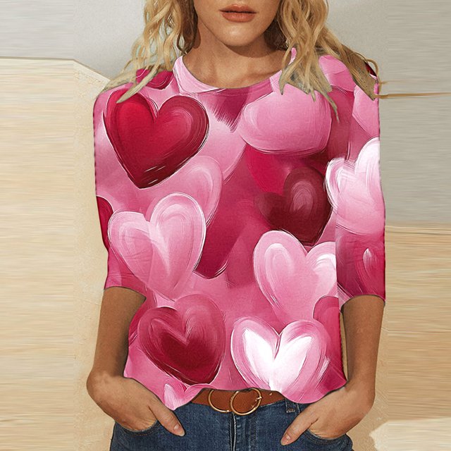 VKOYWKM T-Shirt de la Saint-Valentin pour Femmes Manches 3/4 avec Cœur Graphique Hauts de Vacances Col Rond Coupe Ample Tenues de Fête Familiale