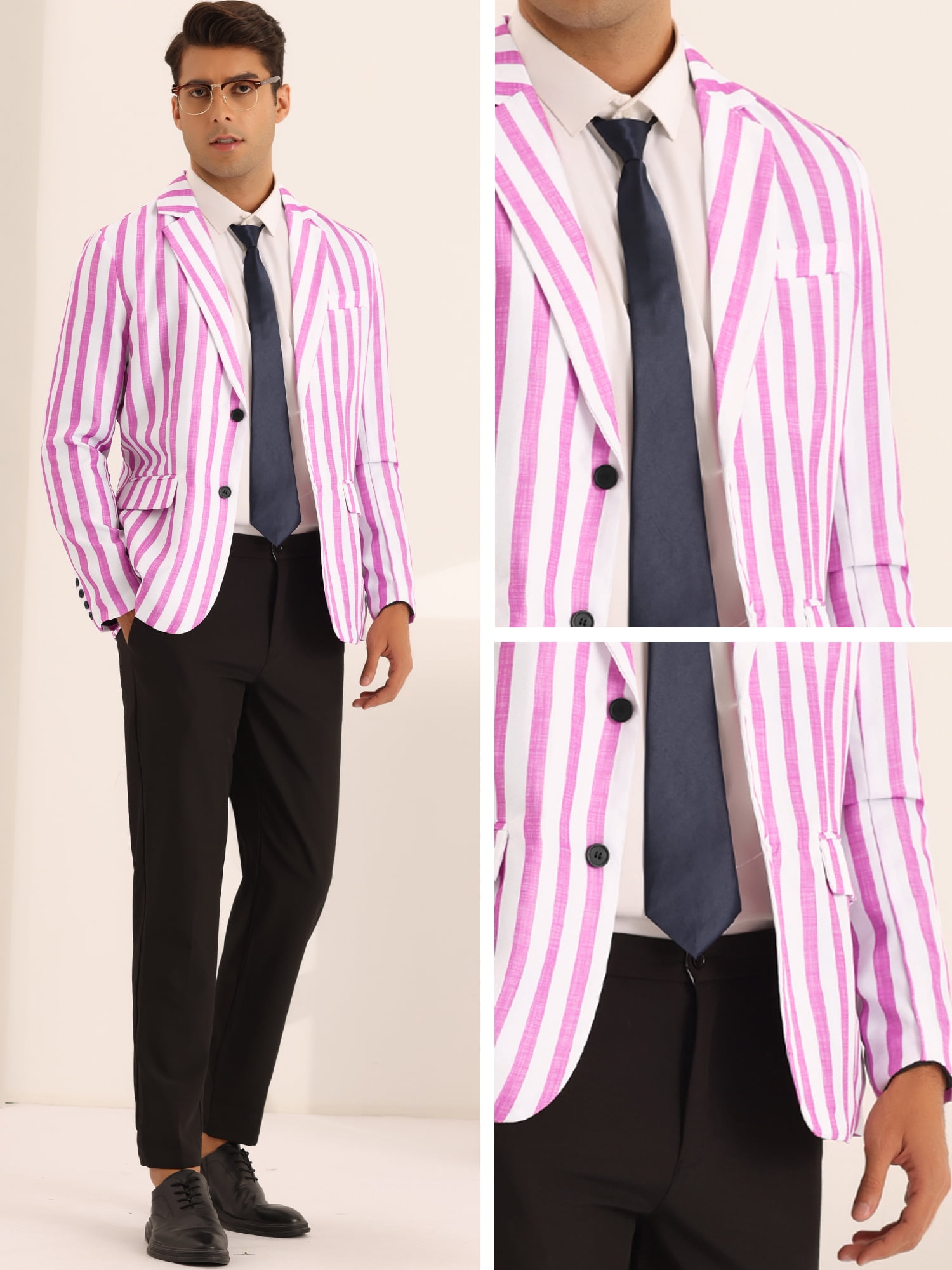 Unique Bargains Men's Sports Coat Notch Lapel Color Block Stripes Pattern Blazer M Pink