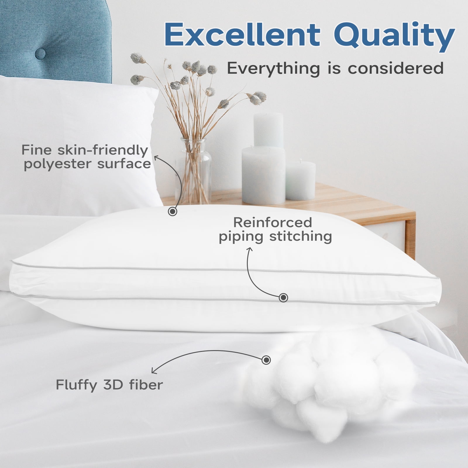 Pillows Queen Size Set of 2, Bed Pillows 2 Pack Hotel Quality, Gusseted Pillow for Back, Stomach or Side Sleepers, Double-Piping Seam Down Pillow