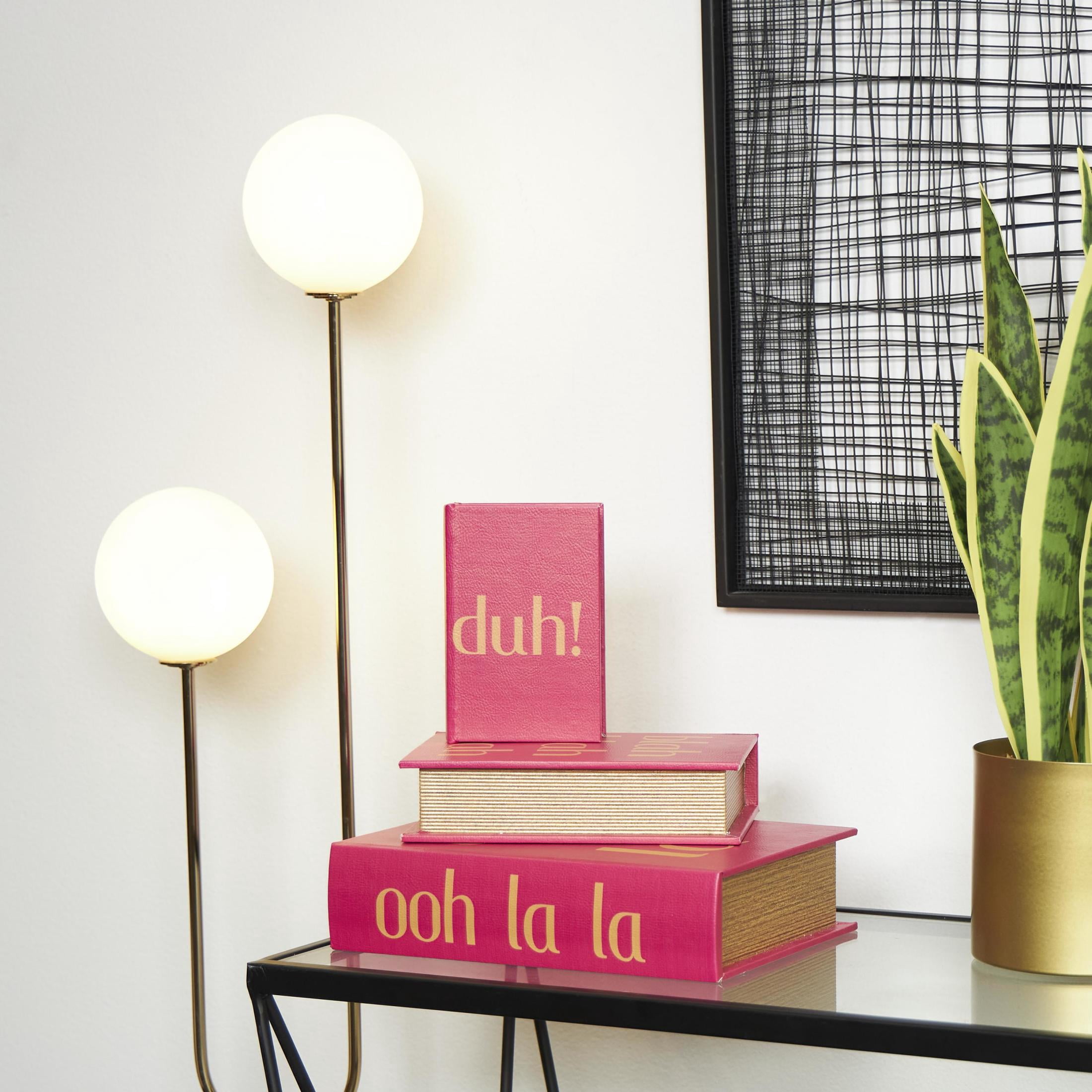 DecMode Text "Ooh La La" Faux Book Storage Red Faux Leather Decorative Box with Gold Lettering, 3 Count