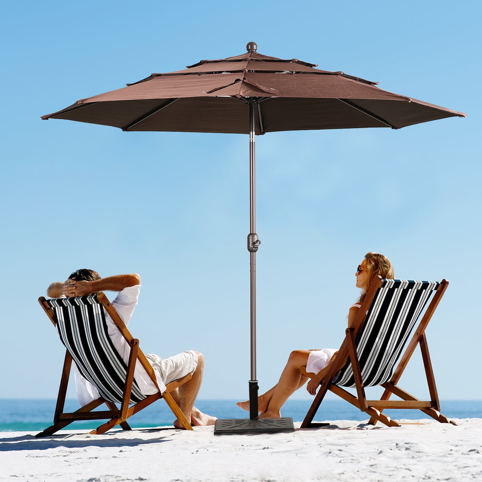 Aoodor 10ft 3-Tier Patio Umbrella, Outdoor Table Market Umbrella Tilt Adjustment and Crank - Coffee