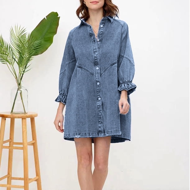 Vestido clásico con cuello de solapa y manga acampanada para mujer corto vaquero