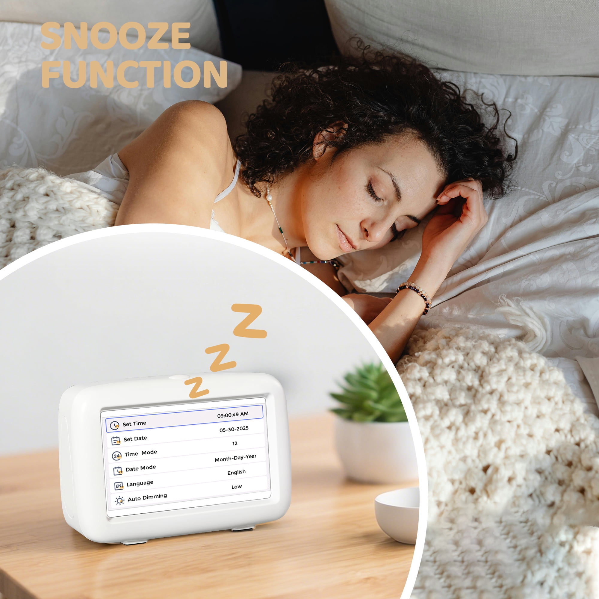 Mitoart 4.3" Small Digital Alarm Clock for Bedroom with Multiple Alarms and Voice Announcement Time, White