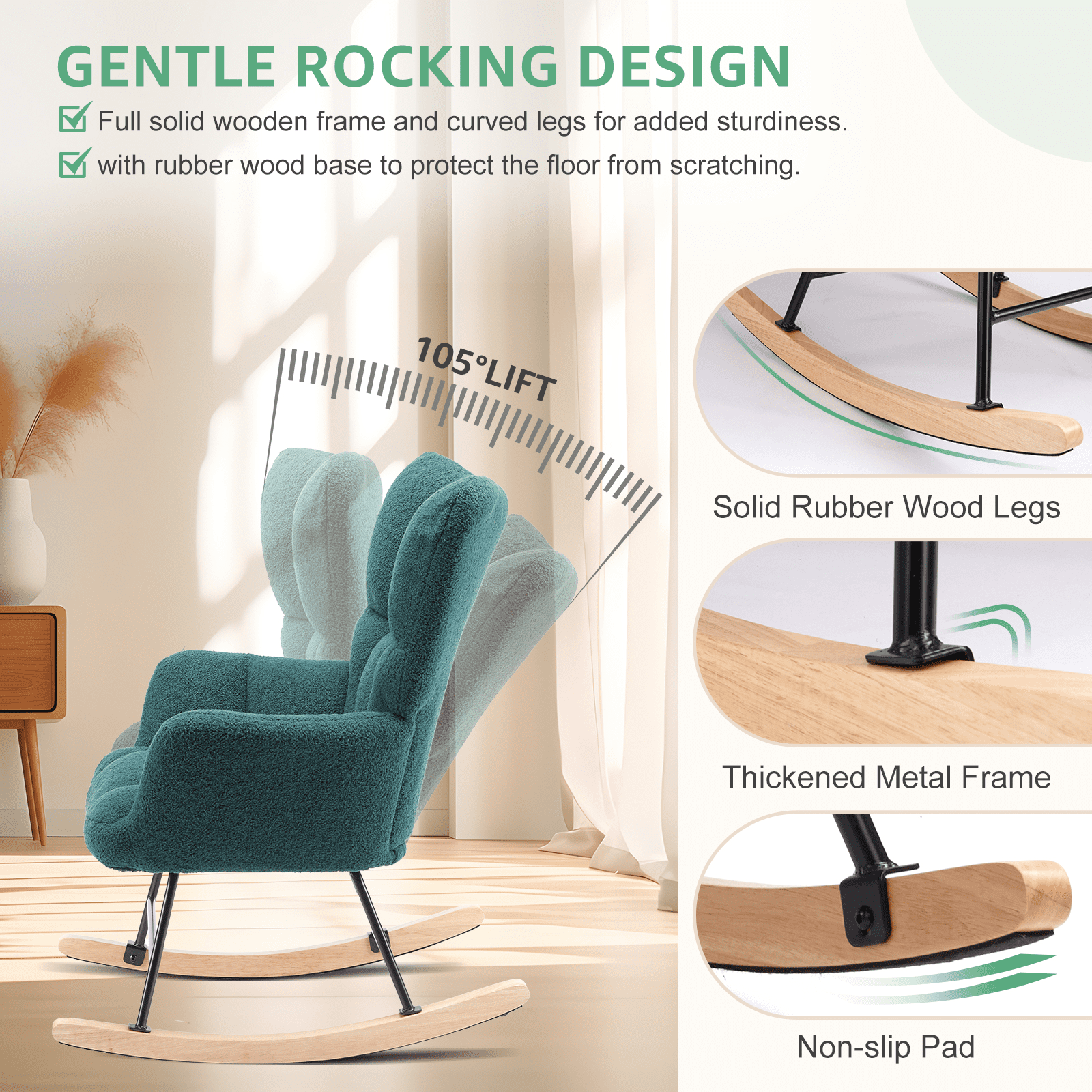 MAYEERTY Upholstered Rocking with High Backrest, Modern Accent Reading Chair for Living Room, Bedroom, Green