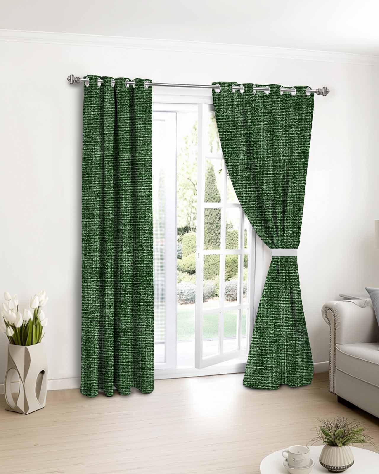 Dark Green Burlap Texture Blackout Curtains 63 Inches Long, Farmhouse Vintage Green 2 Panels, Thermal Insulated Room Darkening Drapes with Grommets, 52W x 63L Each Panel