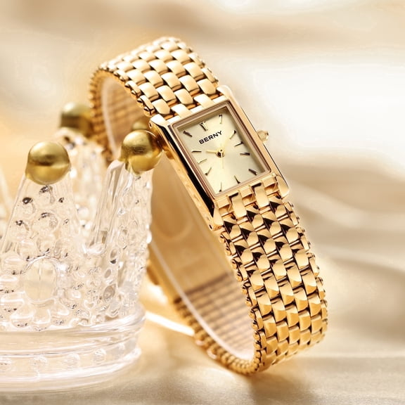BERNY Small Gold Watches for Women, Luxury Dainty Ladies Watch, Stainless Steel Bracelet Watch, Rectangular Case, Waterproof, Vintage Minimalist Womens Wristwatch Gifts (Gold)