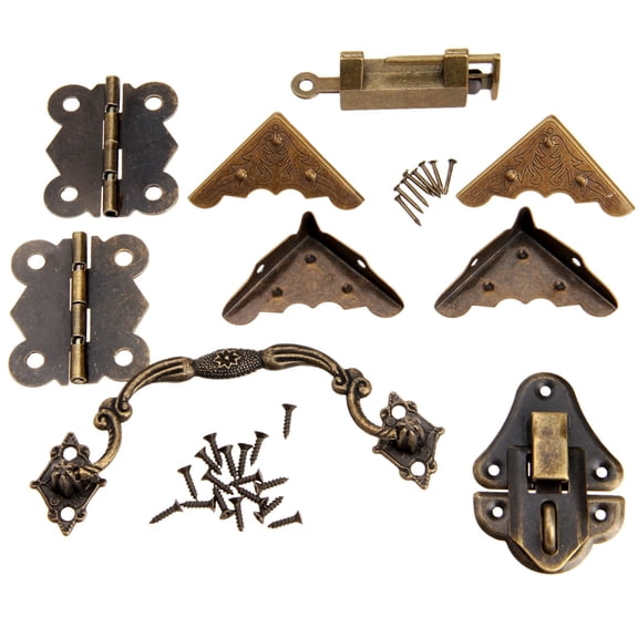 9Pcs/set Furniture Hardware Chinese Brass Hardware Antique Wooden Box Latch Hasp and Pull Handle Hinges and Corner Protector and Old Lock