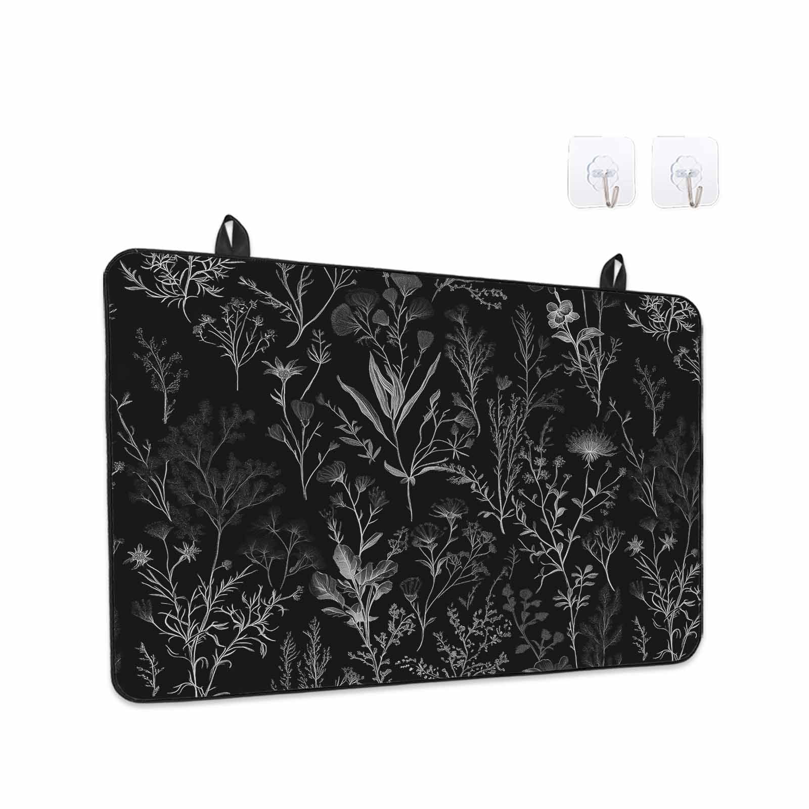 Black Spring Floral Stove Top Cover for Electric Stove, Heat-proof & Non Slip Glass Top Stove Cover Protector, Vintage Botanical Watercolor Kitchen Flat Cooktop Rubber Mat 36x21 Inches