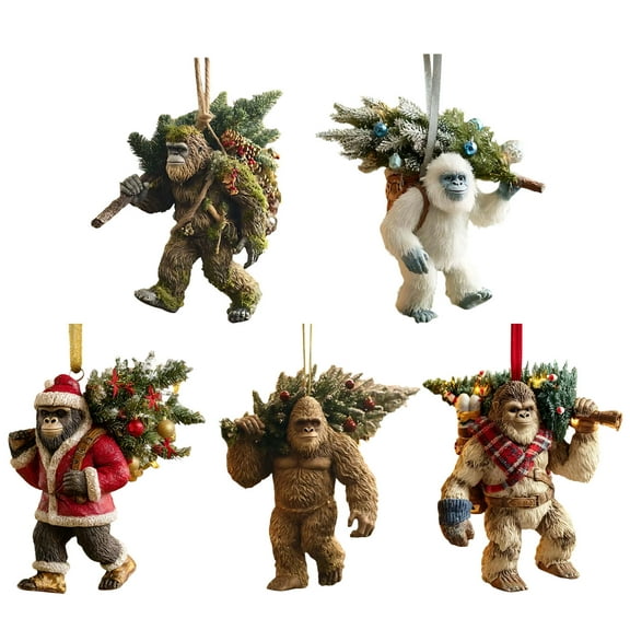 Christmas Animal Ornament Set of 5, Myth Meets Holiday Magic, Funny Sasquatch Christmas Decor for Tree, Lifelike Wildlifes Collect, Forest Animal Lovers Gift (White,Brown,Red)