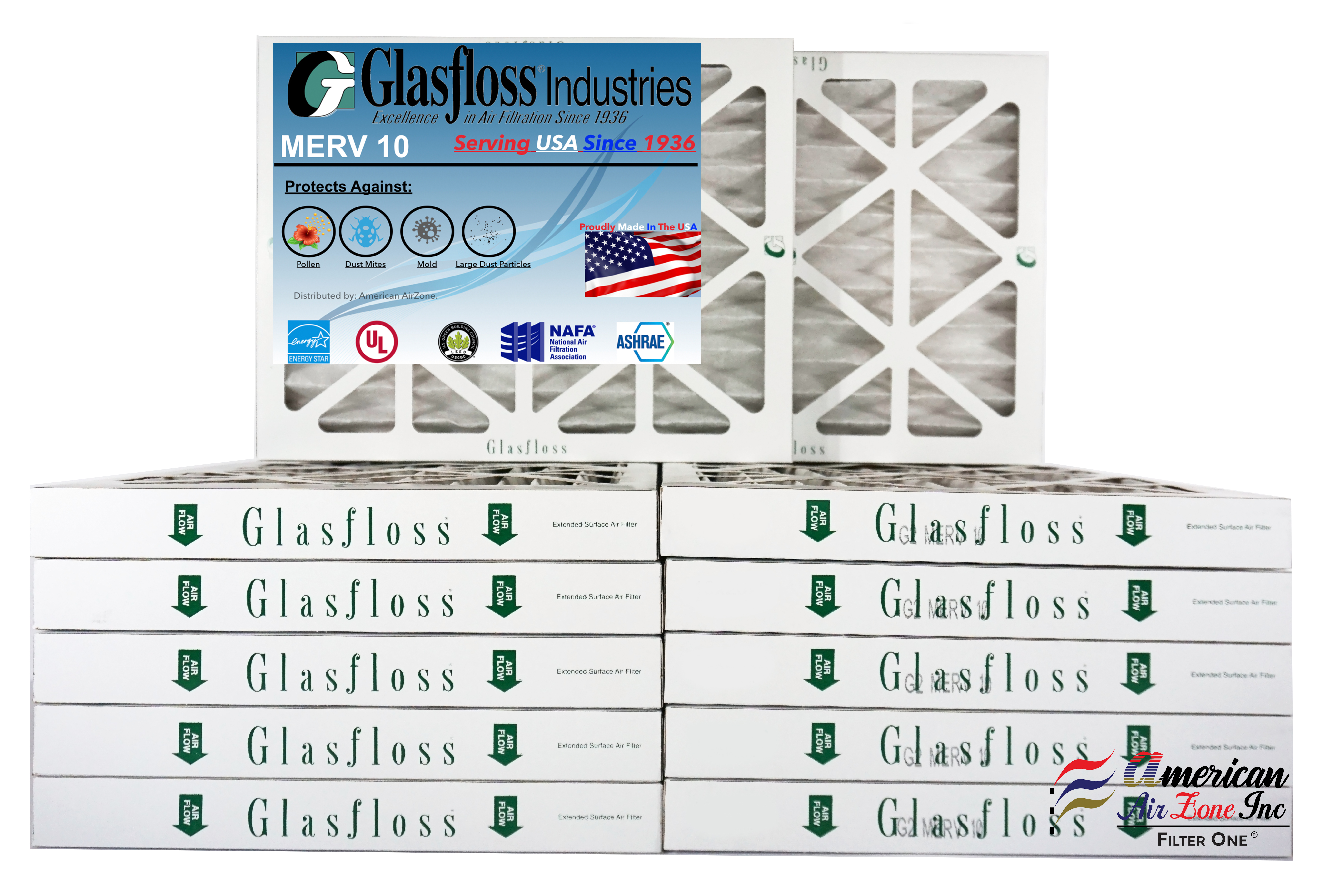 Glasfloss Air Filter 12x16x2 2" MERV 10 (Pack of 12) Pleated AC