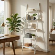 Resenkos Bookshelf,Shelf, Open Bookcase Book Shelf,Storage Shelf Unit Plant Stand, 5-Tier Wall-leaning Ladder Shelf Display Rack for Plants and Books-White