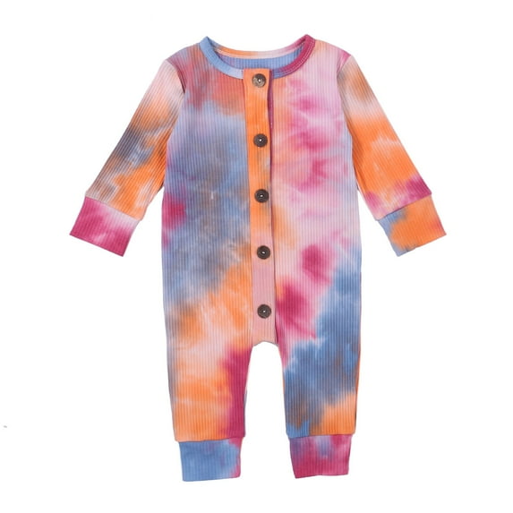 Qiylii Baby Tie Dyeing Romper, Long Sleeve Round Neck Button-Down Bodysuit