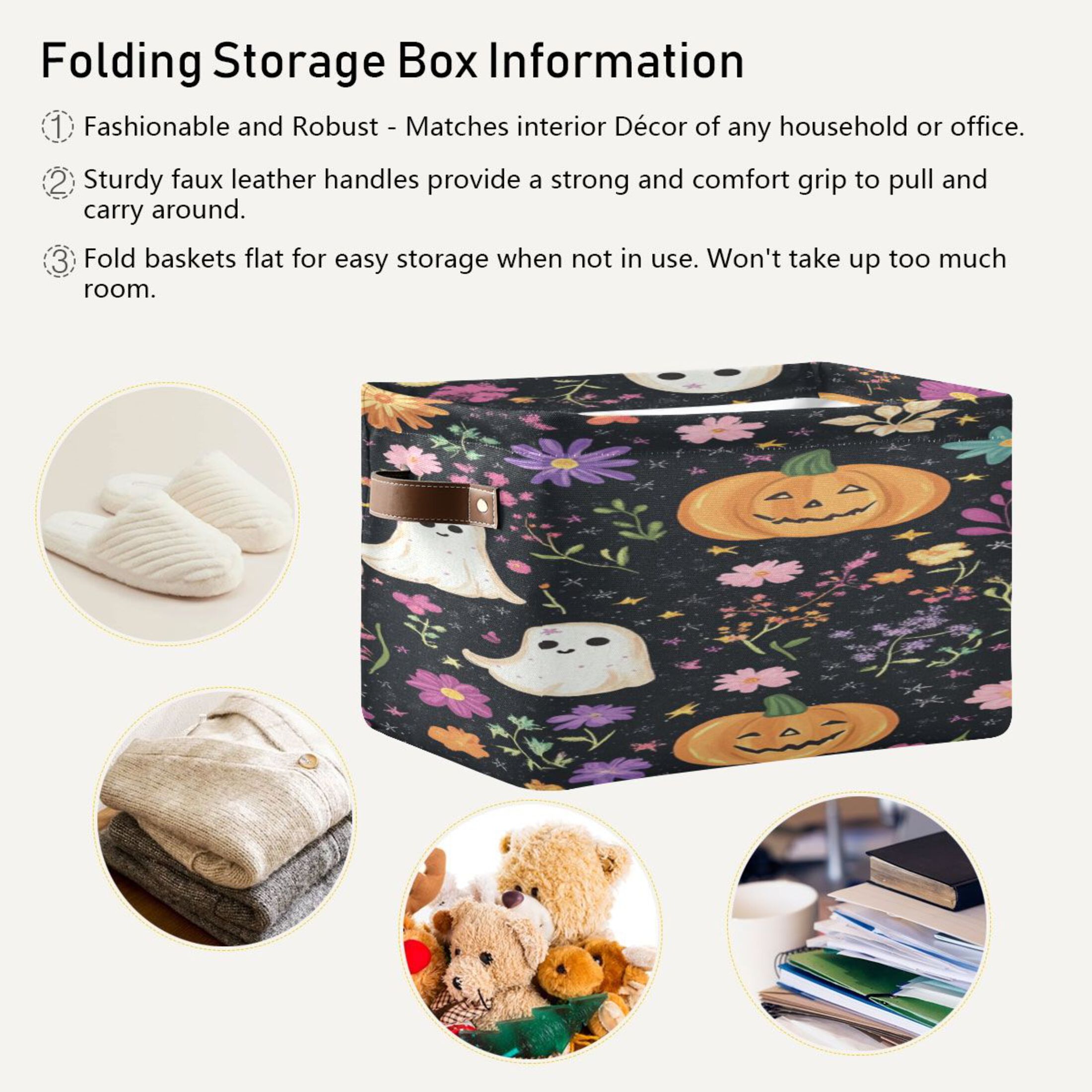Halloween Specters Pumpkins Flowers Crayon Painting Square Storage Bins with Handles Collapsible Containing Box 2 Packs