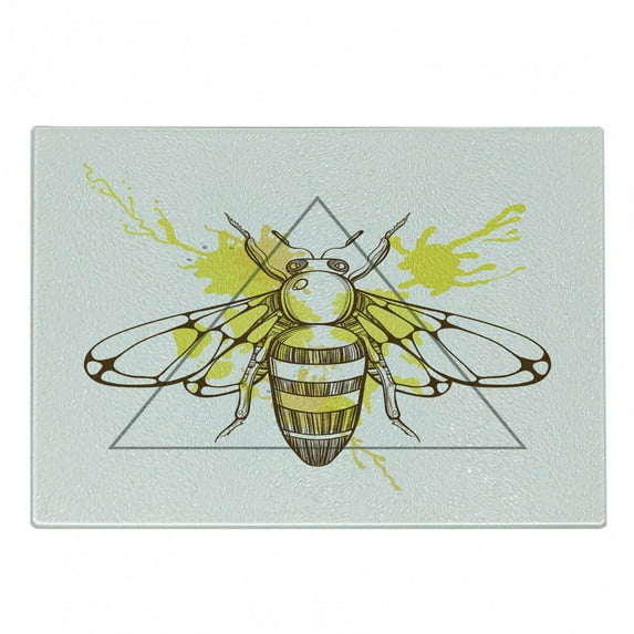 Queen Bee Cutting Board, Makhenda Patterned Bee on Color Splashed Background Hand Drawn Doodle Sketch, Decorative Tempered Glass Cutting and Serving Board, Small Size, Brown Yellow, by Ambesonne