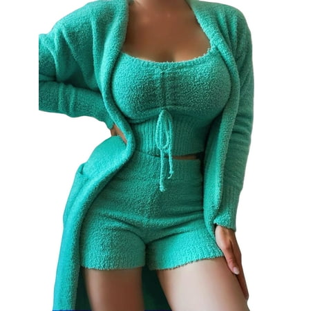 

Paille Women Elastic Waist Loose Nightwear Casual Home Clothes Sleepwear Cropped Top+Shorts+Cardigan Jackets Winter Warm Pajamas Sets Lounge Set Green M