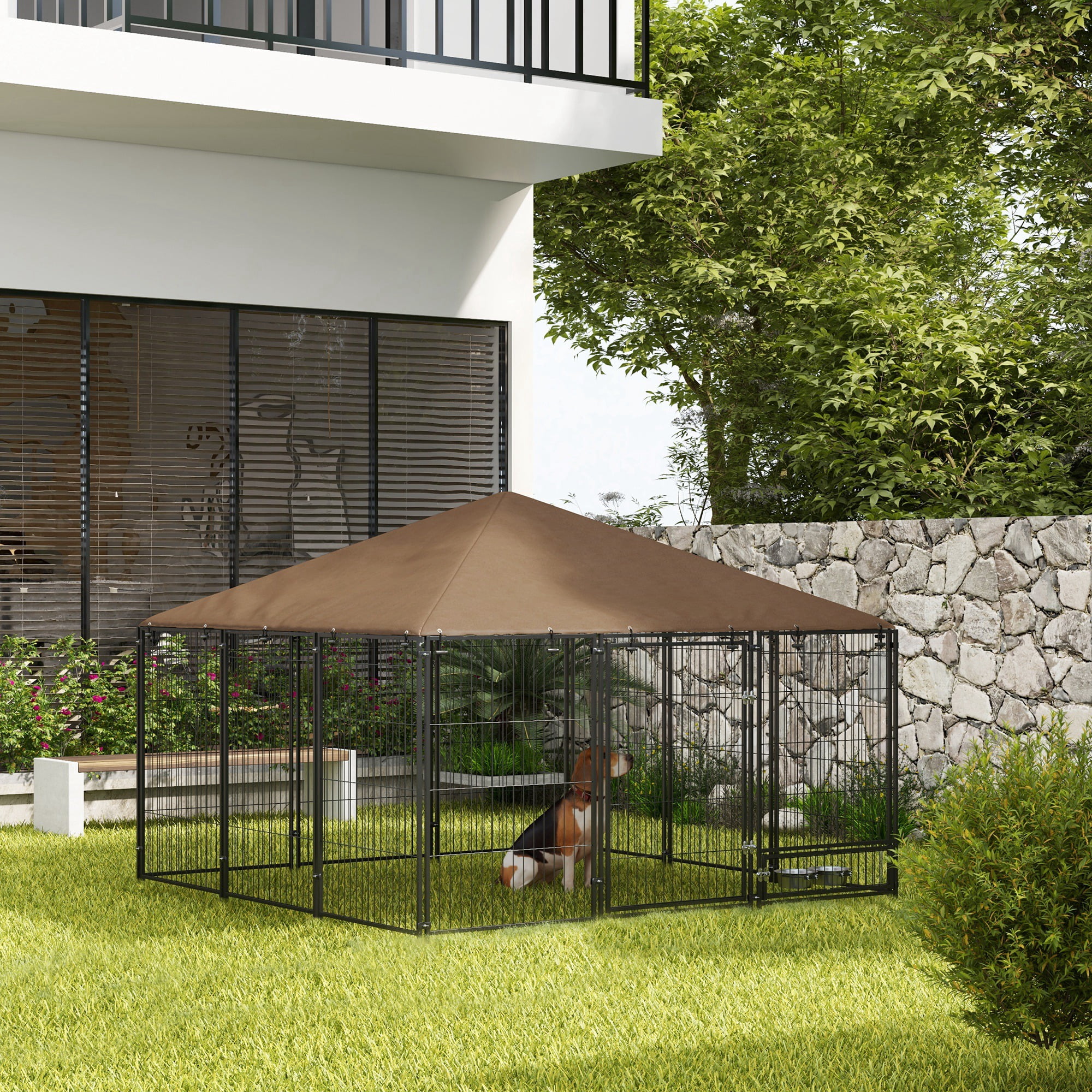 ZephyPaws 7X7FT Dog Kennel Outside with Feeding,Heavy Duty Outdoor Dog Crate with Door,Durable Dog Cage with Roof & Double Lock,Black