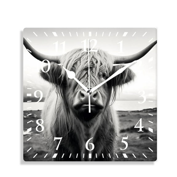 14 Inch Wall Clock Battery Operated Silent Clock Decorative for Office, Kitchen, Outdoor, Living Room，Black and White Scottish Highland Cow Beautiful Drawing